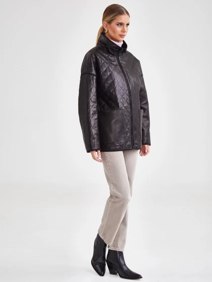 Кожаная женская стеганная куртка премиум класса 3043, черная, размер 46, артикул 23261-4