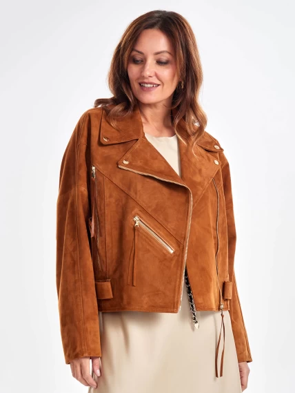 Замшевая короткая куртка косуха для женщин премиум класса 3051з, виски, размер 44, артикул 23410-0