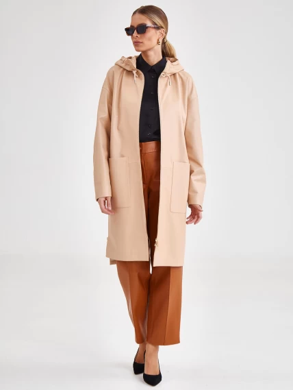 Кожаное женское пальто с капюшоном на молнии премиум класса 3034, бежевое, размер 46, артикул 63420-0