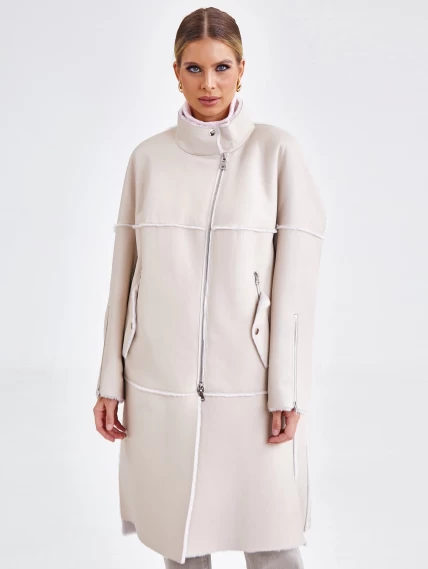 Молодежное женское пальто из натуральной овчины премиум класса 2029, бежевое, размер 50, артикул 63920-2