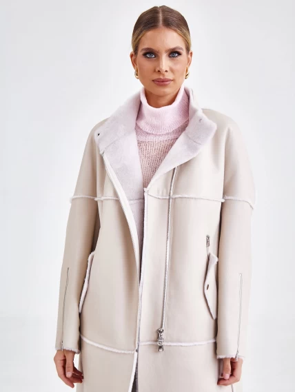 Молодежное женское пальто из натуральной овчины премиум класса 2029, бежевое, размер 50, артикул 63920-5