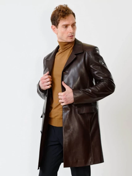 Удлиненный кожаный мужской пиджак премиум класса 539, коричневый, размер 48, артикул 29541-0