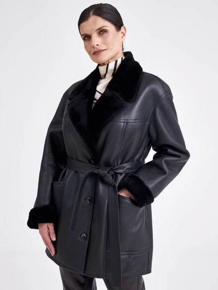 Короткая женская дубленка пиджак с поясом премиум класса 2011, черная, размер 46, артикул 62660-0