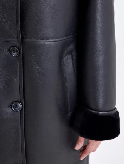 Классическое пальто из натуральной овчины с поясом премиум класса для женщин 2009, черное, размер 46, артикул 63730-3