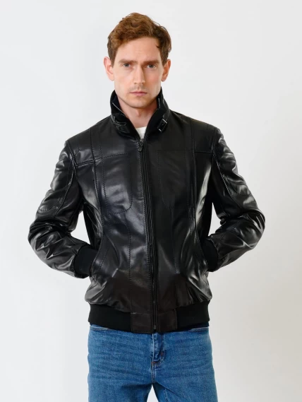 Кожаная куртка бомбер мужская премиум класса 521, черная, размер 48, артикул 28550-4