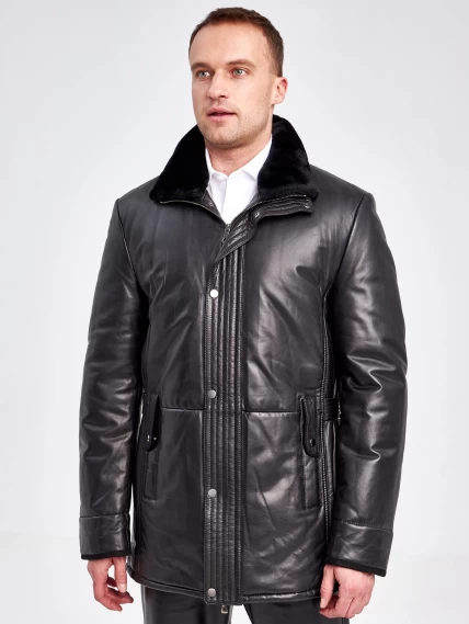 Кожаная зимняя мужская куртка с воротником из овчины 5723, черная, размер 46, артикул 40960-0