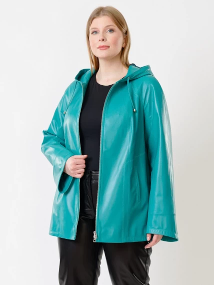 Кожаная женская куртка оверсайз с капюшоном 383, бирюзовая, размер 52, артикул 91291-0