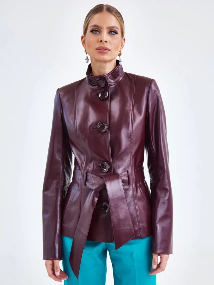Кожаная женская куртка с поясом 334, бордовая, размер 44, артикул 90630-3