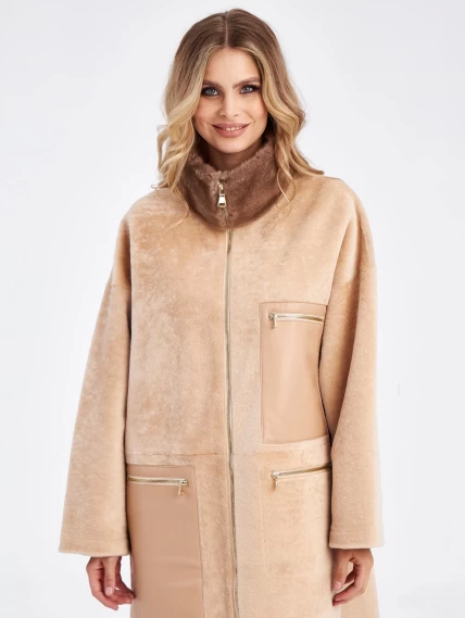 Стильное женское пальто с норковым воротником премиум класса 2041, бежевое, размер 44, артикул 63650-2