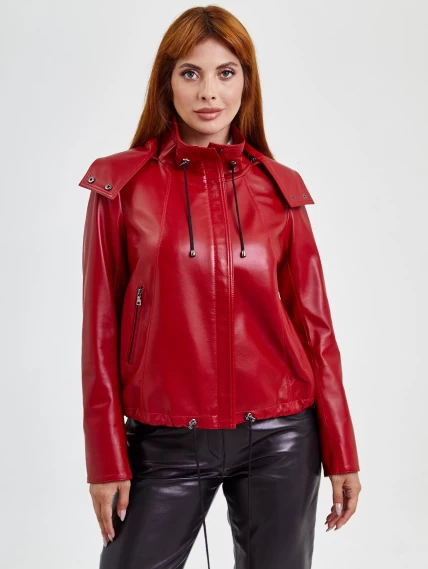 Кожаная женская куртка бомбер с капюшоном 305, красная, размер 48, артикул 91741-0