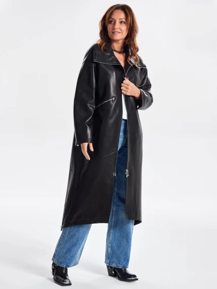 Женское кожаное пальто оверсайз на молнии премиум класса 3062, черное, размер 50, артикул 63360-1