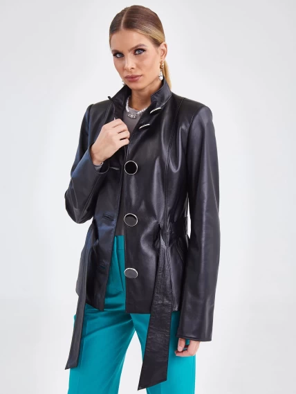 Кожаная женская куртка с поясом 334, черная, размер 40, артикул 15420-5