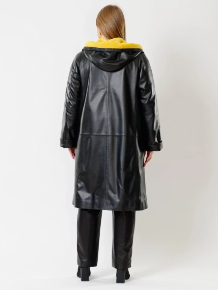 Кожаное женское пальто с капюшоном на подстежке из астрагана премиум класса 3011, черное, размер 48, артикул 25650-6