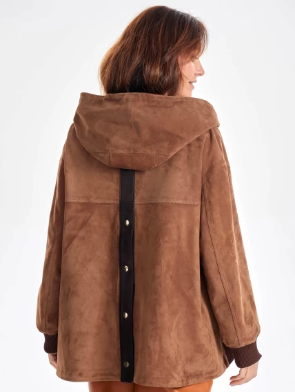 Удлиненная замшевая женская куртка бомбер с капюшоном премиум класса 3067з, светло-коричневая, размер 44, артикул 23820-4