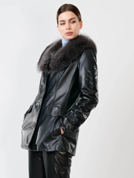 Кожаная утепленная женская куртка с мехом енота 372ш, черная, размер 50, артикул 23650-6