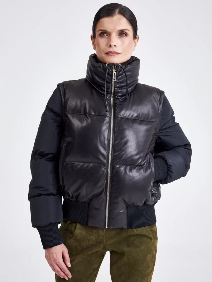 Комбинированная женская кожаная куртка бомбер 3029, черная, размер 44, артикул 23370-1