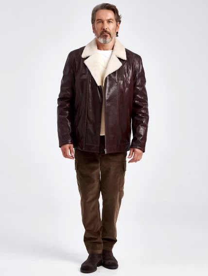 Кожаная зимняя мужская куртка на подкладке из овчины 5362, коричневая, размер 50, артикул 40540-1