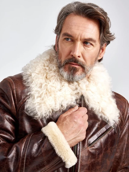 Кожаная куртка зимняя на подкладке из овчины тиградо для мужчин 161, коричневая, размер 52, артикул 70690-4