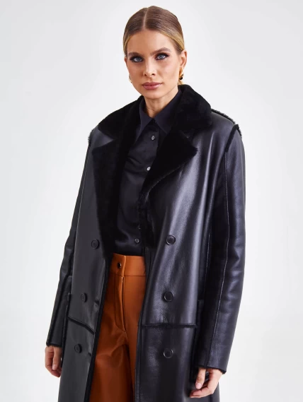 Двубортное женское пальто из натуральной овчины премиум класса 2000, черное, размер 48, артикул 63820-4