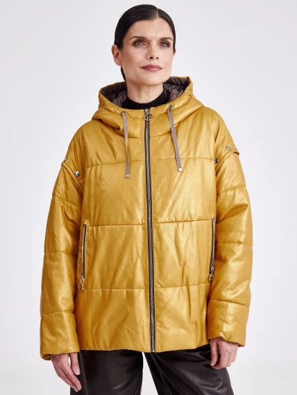 Утепленная женская кожаная куртка оверсайз с капюшоном премиум класса 3023, желтая, размер 44, артикул 23390-0