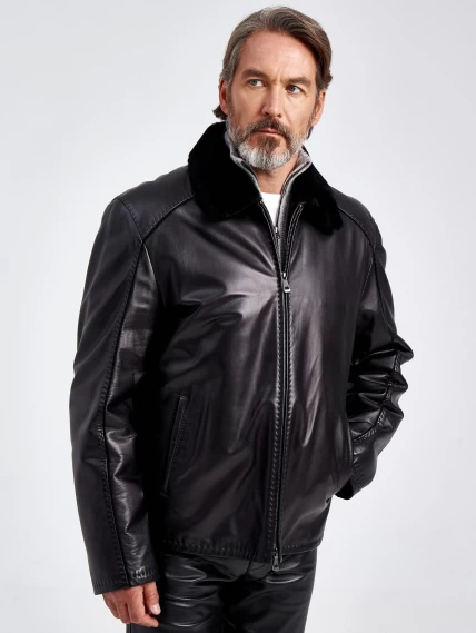 Кожаная мужская зимняя куртка на подкладке из овчины 4615, черная, размер 58, артикул 40550-0