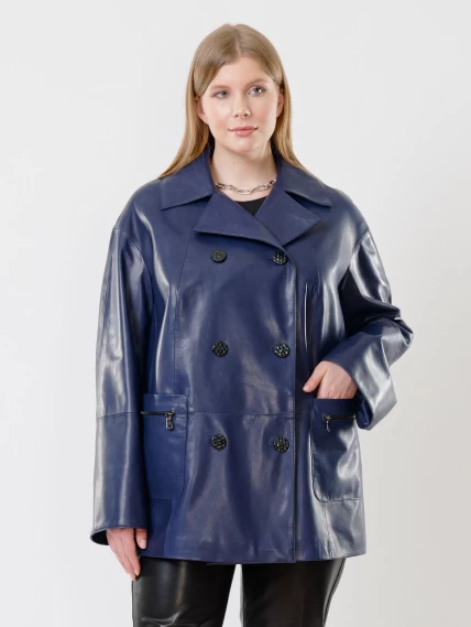 Кожаная женская двубортная куртка оверсайз 3002, синяя, размер 58, артикул 91420-5