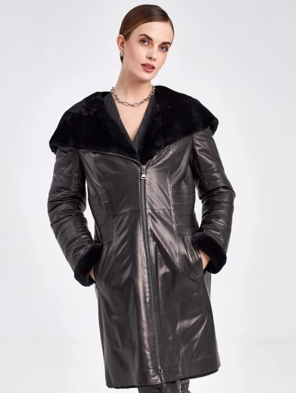 Кожаное пальто зимнее женское 393мех, с капюшоном, черное, размер 46, артикул 91860-6