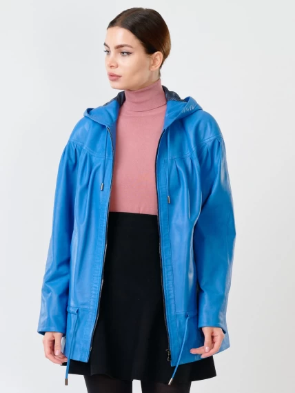 Кожаная женская куртка с капюшоном 303у, голубая, размер 54, артикул 90690-2