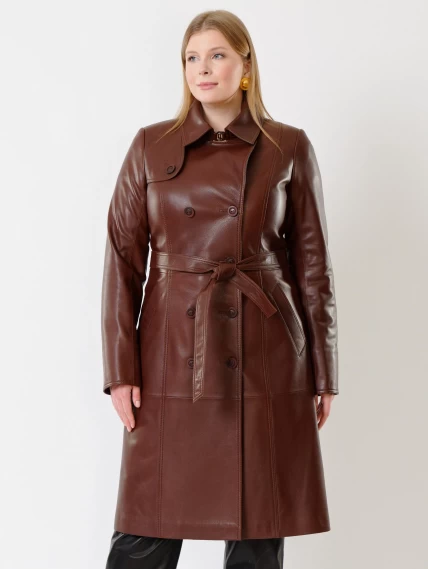 Кожаное двубортное женское пальто с поясом премиум класса 3003, ореховое, размер 48, артикул 63490-5