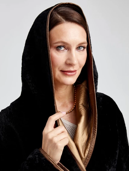 Женская двусторонняя дубленка халат с капюшоном премиум класса 2001/2, черная, размер 44, артикул 62300-6