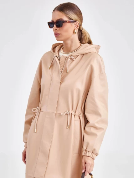 Женское кожаное пальто с капюшоном на молнии премиум класса 3033, бежевое, размер 44, артикул 63470-1