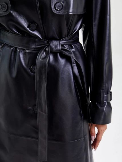 Кожаное женское пальто тренч с поясом премиум класса 3018, черное, размер 50, артикул 25660-2