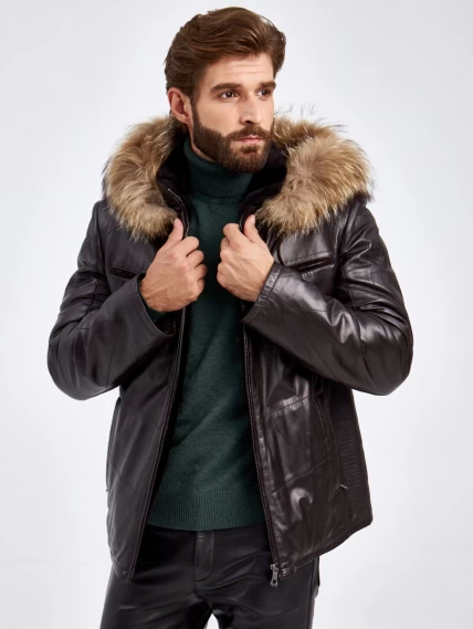 Кожаная зимняя мужская куртка с капюшоном на подкладке из овчины 4273, черная, размер 50, артикул 29460-6