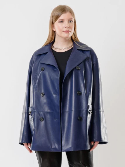 Кожаная женская двубортная куртка оверсайз 3002, синяя, размер 58, артикул 91420-1