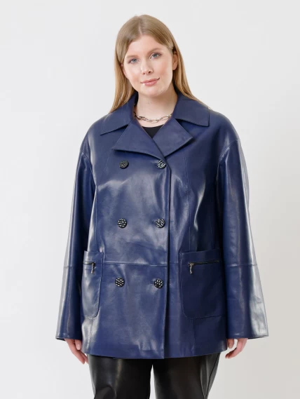Кожаная женская двубортная куртка оверсайз 3002, синяя, размер 58, артикул 91420-0
