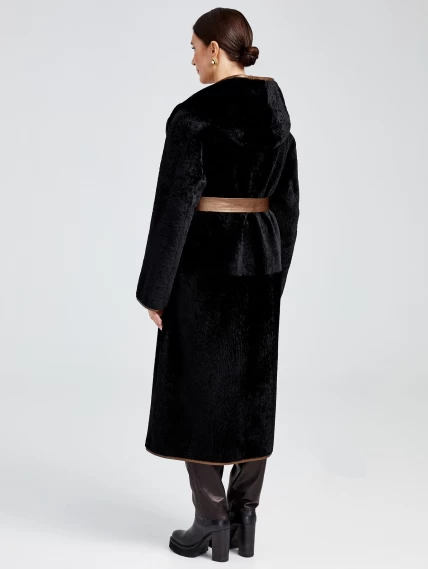 Женская двусторонняя дубленка халат с капюшоном премиум класса 2001/2, черная, размер 44, артикул 62300-4