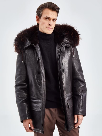 Утепленная кожаная куртка аляска с мехом енота для мужчин 556, коричневый, размер 50, артикул 41090-3