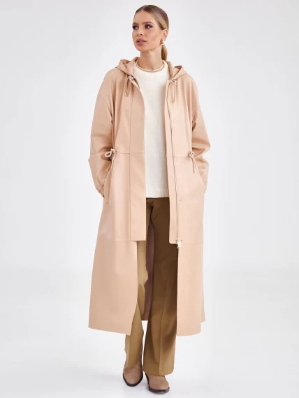 Женское кожаное пальто с капюшоном на молнии премиум класса 3033, бежевое, размер 44, артикул 63470-3