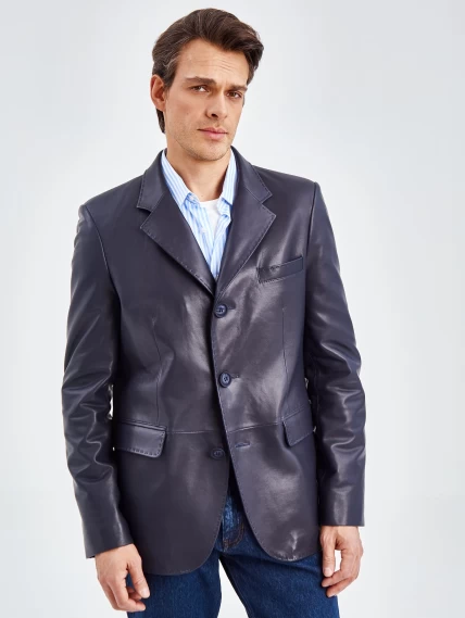 Мужской кожаный пиджак на ручном стежке премиум класса 543, синий, размер 48, артикул 27320-2