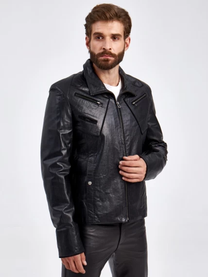 Короткая кожаная куртка для мужчин 2010-4, черная, размер 50, артикул 29260-0