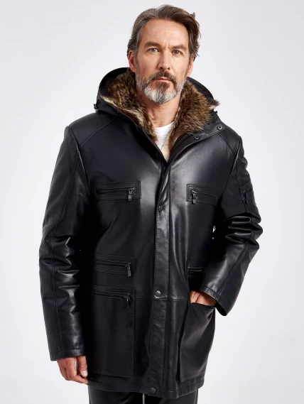 Зимняя мужская кожаная куртка на подкладке из овчины премиум класса 513мех, черная, размер 54, артикул 41740-0