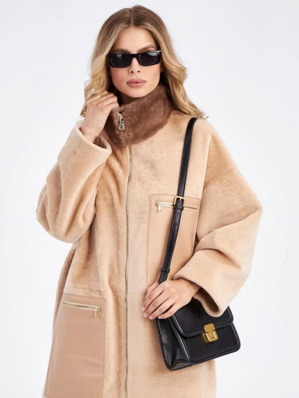 Стильное женское пальто с норковым воротником премиум класса 2041, бежевое, размер 44, артикул 63650-1