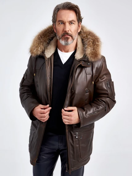 Утепленная мужская кожаная куртка аляска с мехом енота Алекс, темно-коричневая, размер 48, артикул 40721-3