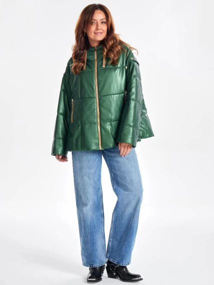 Утепленная женская кожаная куртка оверсайз с капюшоном премиум класса 3023, зеленая, размер 48, артикул 23330-5