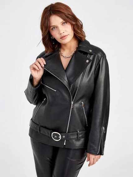 Кожаная женская куртка косуха с поясом 3013, черная, размер 48, артикул 91561-1