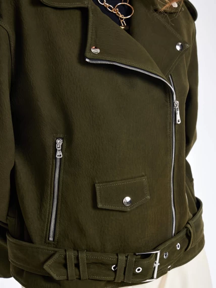 Короткая кожаная куртка косуха с поясом для женщин премиум класса 3052, хаки, размер 44, артикул 23460-4