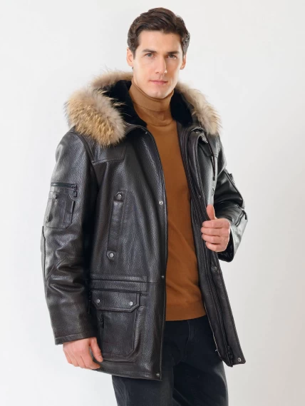 Утепленная мужская кожаная куртка аляска с мехом енота Алекс, коричневая, размер 52, артикул 40301-2