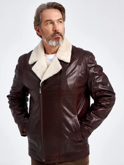Кожаная зимняя мужская куртка на подкладке из овчины 5362, коричневая, размер 50, артикул 40540-0