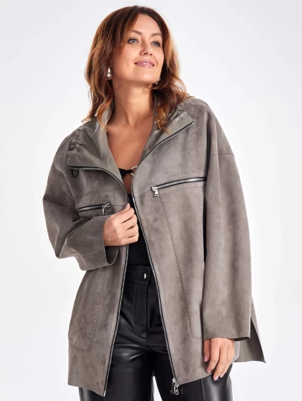 Замшевая женская куртка оверсайз на молнии премиум класса 3055з, серая, размер 50, артикул 23500-3