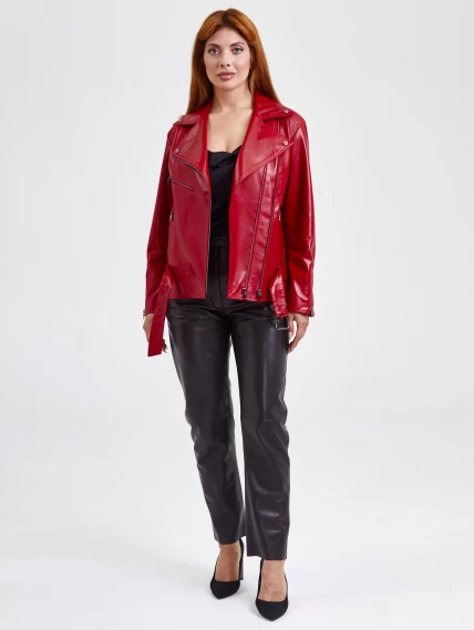 Кожаная женская куртка косуха с поясом 3013, красная, размер 48, артикул 91710-3